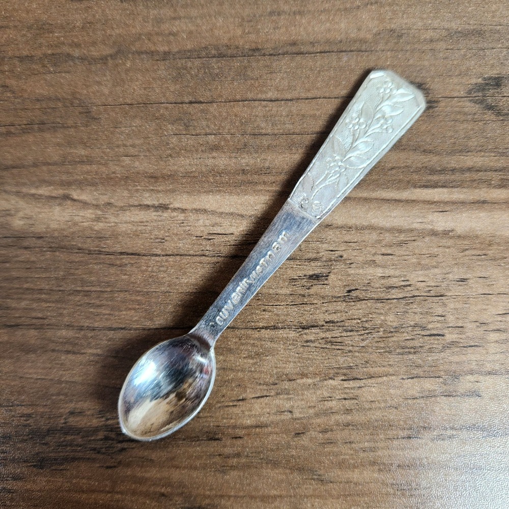 Vintage Souvenir Vietnam Salt Spoon Floral‎ Embossed Silver Tone Collectible